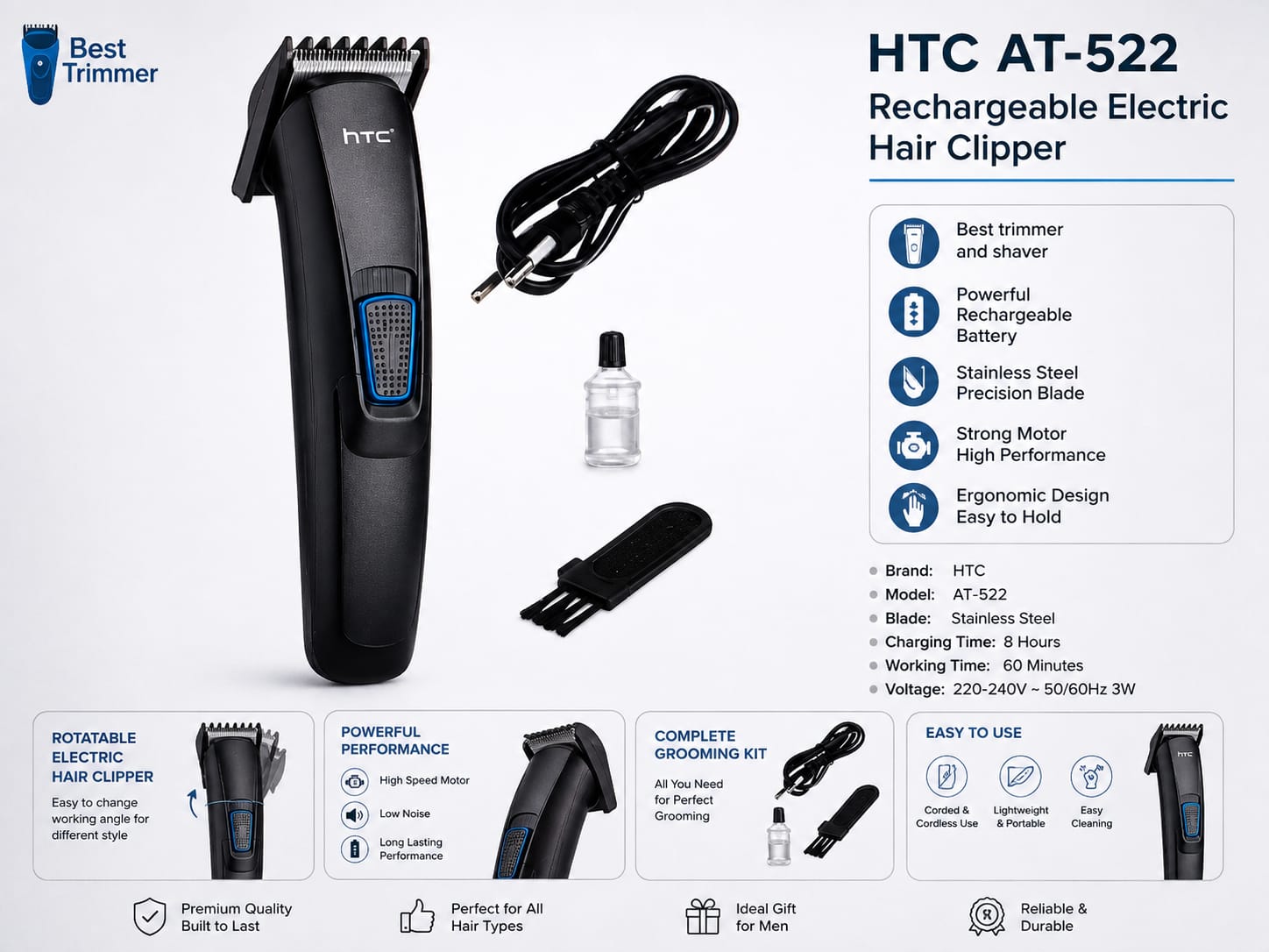 HTC AT-522 Rechargeable Hair Trimmer